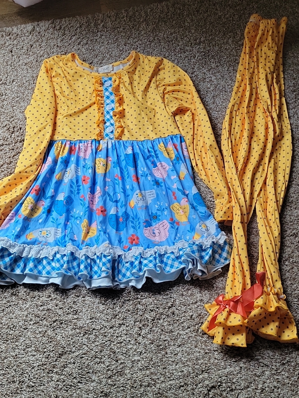 Yellow & Blue Girls' Chick Pattern Boutique Outfit